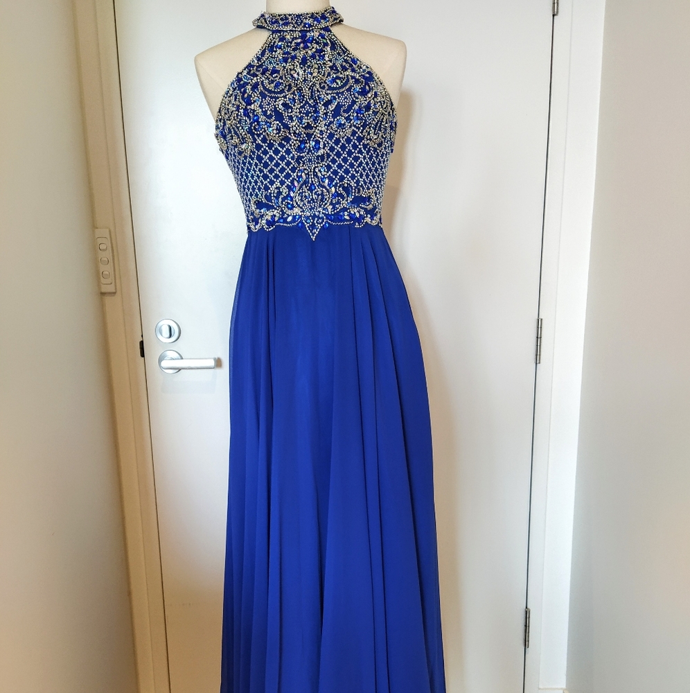 Beaded Royal Blue Ball Gown Maxi Dress